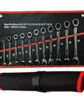 12-piece 72-Tooth Ratchet Spanner Set with Fixed Head Wrenches in black roll-up case, universal ratcheting, perfect for car repair.