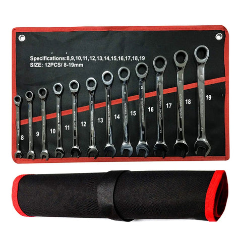 12-piece 72-Tooth Ratchet Spanner Set with Fixed Head Wrenches in black roll-up case, universal ratcheting, perfect for car repair.