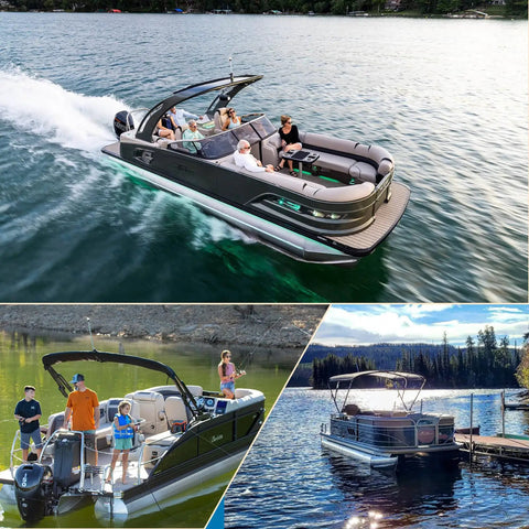 Built Tough Marine Fuel Sending Unit With Flexible Stainless Probe For Boat Gas Tank Sensor shown on sleek boat with passengers.