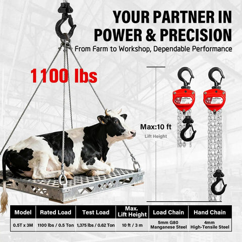 Half Ton Hand Chain Hoist For Garage And DIY Lifting, Compact Lightweight Manual Chain Block, 1100 Lbs Working Load, cow lifted