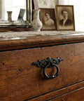 Top Shelf Vintage Black Ring Pull Handles For Kitchen Cabinets And Dressers Solid Zinc Alloy Build on wooden drawer close-up.