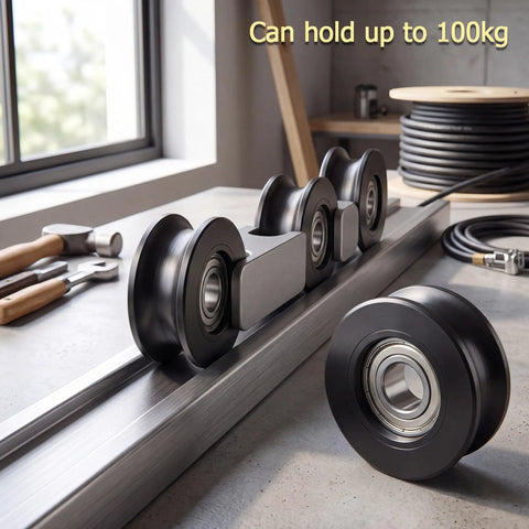 Precision Engineered Top Shelf PU Bearing Pulley Wheels 4 Pack Hella Durable U Groove Nylon Rollers Smooth Gliding Patio Door Hardware Replacement Set displayed on a workbench.