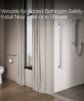 Rock Solid 24 Inch Wall Mounted Grab Bar For Bathroom Safety installed near toilet in modern bathroom setting.