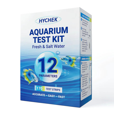 Top Shelf 12 In 1 Aquarium Water Test Strips For Fresh And Salt Water Tanks kit box with colorful fish illustration.