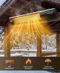 Electric Patio Heater With Remote Control 1500W Outdoor Infrared Wall Mounted emitting infrared heat under snowy wooden patio
