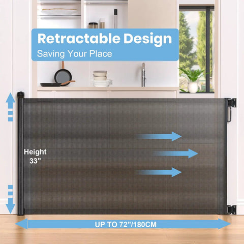 Extra Wide Retractable Baby Gate 33 Inch Tall Extends To 72 Inches Mesh Gate For Kids And Pets with Alarm in a kitchen setting
