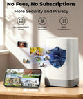 Wireless Outdoor Security Camera Kit With 5G And 2.4G WiFi No Monthly Fees 2 Camera 4MP Solar Powered Home Surveillance System With 360 Degree PTZ 128GB Local Storage Color Night Vision Easy Local Recording shown with images and smartphone display in home setting.