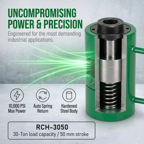 Heavy Duty 30 Ton Hollow Hydraulic Cylinder Jack With 2 Inch Stroke Hydraulic Ram Heavy Hitter side view showing internal components.