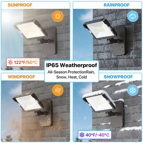 Top Shelf 50W LED Flood Lights 2 Pack With Flex Knuckle Wall Mount, showing IP65 weatherproof features and installation.