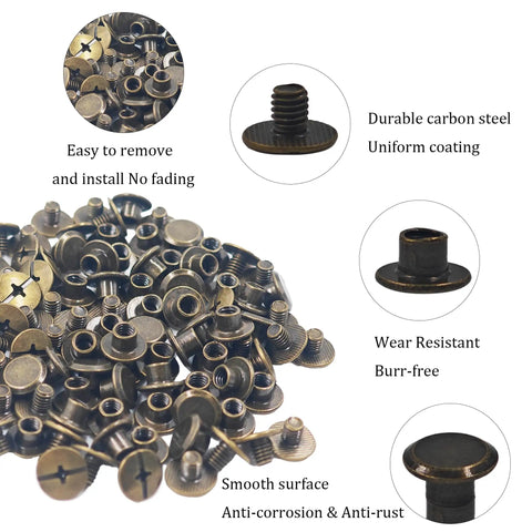 50 Pack Top Rated Heavy Duty M5 X 5mm Chicago Screws With Phillips Head For Leather Work And Bookbinding Antique Bronze Binding Posts, close-up showing carbon steel screws.