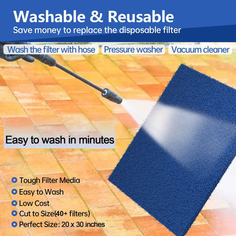 Heavy Duty Washable Air Filter 20x30x0.7 Inches Cut To Fit MERV 6 shown being washed with a pressure washer on a patio.