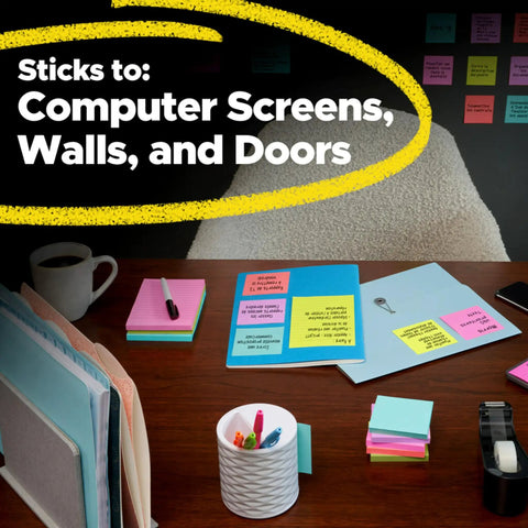 Super Sticky Notes 3 By 3 Inches Supernova Neons 24 Pack with vibrant colors on a desk highlighting usage on screens and walls.