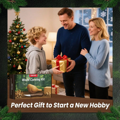 Family with Beginner Friendly Wood Carving Kit For Adults And Kids 13 Piece Whittling Tools Bird Carving Set under Christmas tree