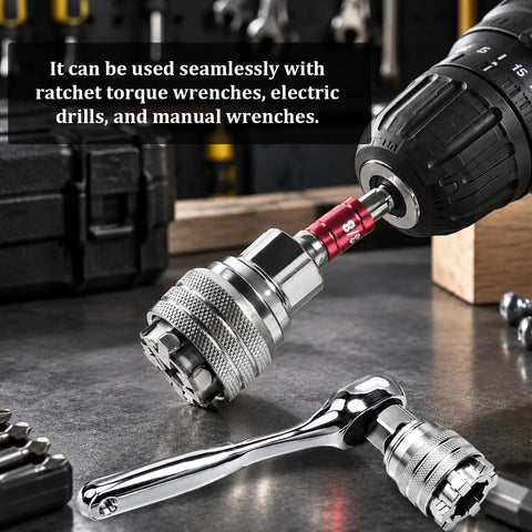 Heavy Duty Adjustable Universal Socket Wrench 3/8 Inch Drive Fits 10 To 19 Mm Fasteners with drill connection and ratchet tool.
