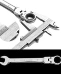 Close-up of 20 Piece SAE And Metric Ratcheting Wrench Set With Chrome Vanadium Steel showing open end and ruler detail.