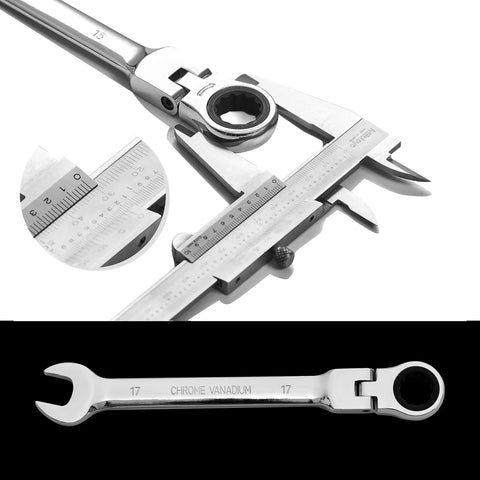 Close-up of 20 Piece SAE And Metric Ratcheting Wrench Set With Chrome Vanadium Steel showing open end and ruler detail.