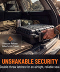 Rugged IP67 Waterproof Dry Box To Keep Your Cameras And Action Gear Toast From Water Hits Featuring Adjustable Foam Pad Inserts and Heavy Duty Seals In Matte Black Finish in a vehicle with gear.