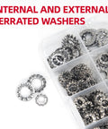 Assorted Lock Washer Set With External And Internal Toothed Serrated Designs in clear plastic case, stainless steel