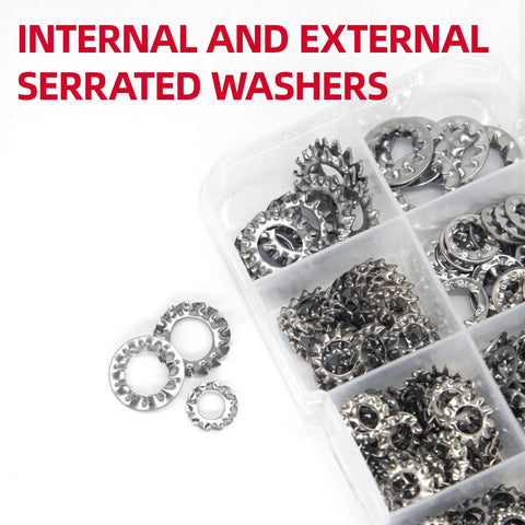 Assorted Lock Washer Set With External And Internal Toothed Serrated Designs in clear plastic case, stainless steel