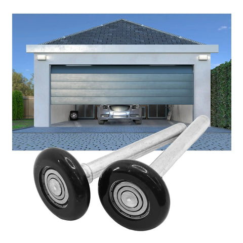 Two Pack Heavy Duty Nylon Garage Door Rollers With Dead Silent Bearing Construction And Rock Smooth Glide Action For No Sweat Track Replacement Jobs In Black, close-up with sleek garage background