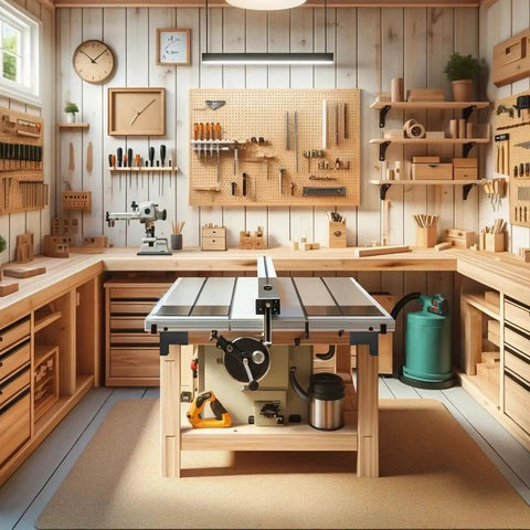 A well-organized workshop with a central table saw, neatly arranged wooden tools, shelves, and storage units in a light-filled room.