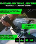 Close-up of Beefy Heavy Duty Lashing Straps 1 Inch By 12 Foot Cam Buckle Tie Downs securing cargo, 1320Lb break strength.