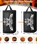 Two sizes of Insulated Meat Resting Blanket For BBQ And Smoking, showing 15x21x7 inch option, black with BBQ logo.
