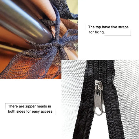 Close-up of patio mosquito netting with zipper for outdoor use, showing mesh straps and zipper detail, 125x205x205 cm.