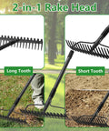 63 Inch Bow Rake Two In One Metal Garden Rake For Weeding Loosening Soil Digging Leaves Leveling Mulch And Gravel Spreading With 17 Tines And Adjustable Head To Tackle Tough Yard Tasks Fast, shown with long and short toothed heads.