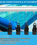 26 Piece Solar Pool Cover Strap Kit With Metal Bands And Beefy Nylon Clips Built Tough For Reel Mounting Handles, showing clips with pool.