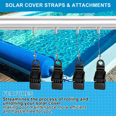 26 Piece Solar Pool Cover Strap Kit With Metal Bands And Beefy Nylon Clips Built Tough For Reel Mounting Handles, showing clips with pool.