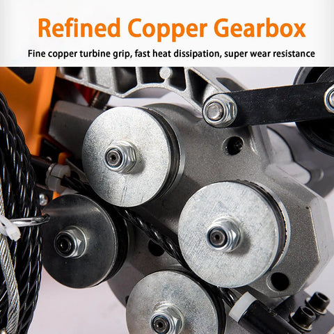 Close-up of the refined copper gearbox in the Automatic Electric Wire Puller And Stringing Machine With Slick Variable Speed Control And No Sweat 360 Flex Head For Tough Electrical Or Pipe Threading Tasks On Site Featuring Solid 10000 Mah Battery showing the turbine grip and heat dissipation.