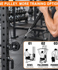 Oversized One Hundred Ten Millimeter Cable Pulley For Power Racks shows versatile training options, including rows and pulldowns.