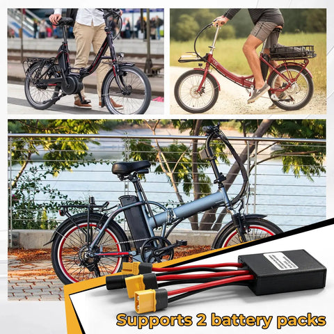 Dual Battery Parallel Module For E Bikes With 20V To 72V Input And Output, 40A Max, XT60H M Plug shown with bicycles