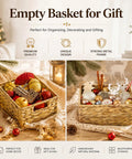 Three Pack Wicker Storage Baskets With Handles For Laundry Room And Bedroom Water Hyacinth Woven Bins Medium Size Dope Natural Color Look Durable Lightweight Organizer For Toys Clothes Books And More, filled with holiday decorations.