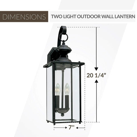 Dimensions of Outdoor Wall Lantern Black Finish, Transitional Jamestowne Style 1 Light Porch Light, shown with measurements.
