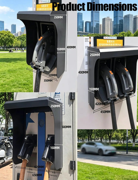 Tough As Nails EV Charger Cover with dimensions displayed for rainproof enclosure and outdoor installation.