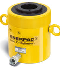 Single Acting Hollow Plunger Hydraulic Cylinder With 60 Ton Capacity, enamel yellow finish, visible port and handles for maintenance use