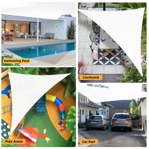 15 Ft Triangle Sun Shade Sail Canopy Waterproof UV Blocking Outdoor Cover for patio, garden, deck or pool area, heavy duty white installed.