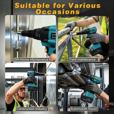 Cordless Brushless Rivet Gun Handles Heavy Duty Jobs Seamless Operation Straight Outta The Box Dependable Hardware For Weekend Warriors Functions Smooth With 18 Volt Packs LED lamp in use for home maintenance, yard maintenance, construction, and automobile repair.