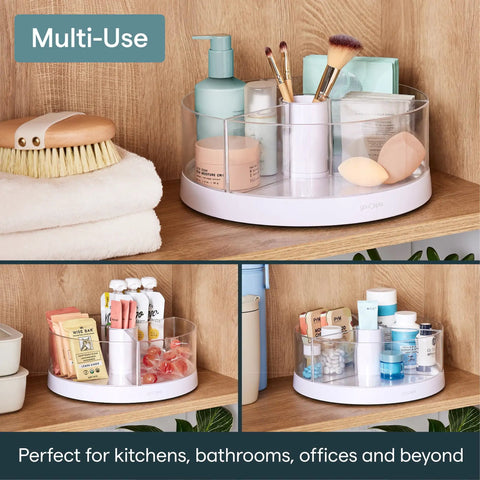 Smooth As Butter Three Bin Rotating Lazy Susan Turntable For Cabinet Organization with clear containers and personal care items.