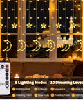 Dazzle Bright Ramadan Curtain String Lights With 138 LEDs Warm White Star Moon Fairy Lights 8 Lighting Modes With Remote