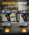 Pro Grade Two Speed Cordless Drill And Impact Driver Combo Kit With Two Long Lasting Lithium Ion Batteries, compact design, lightweight at 1.85 lbs.