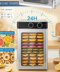 A Straight Up Solid Electric Food Dehydrator With 12 Roomy Trays And 1200 Watts Of Power To Craft Killer Beef Jerky Sweet Dried Fruit And Custom Pet Snacks Right In Your Kitchen with colorful fruit slices in trays.