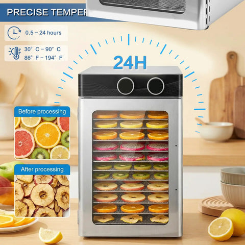 Heavy Duty Food Dehydrator with 12 Stainless Steel Trays 1200W Electric Dryer showing fruits before and after processing.