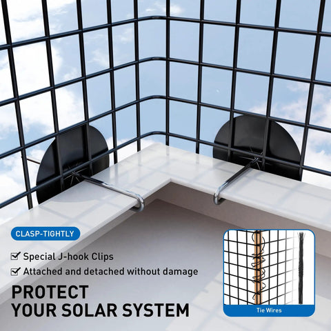 Premium Heavy Duty Solar Panel Critter Guard 8 Foot By 100 Feet with J-hook clips securing mesh barrier for roof protection.