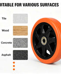 Six Inch Caster Replacement Wheels Four Pack Orange Heavy Duty Polyurethane With Hardened Steel Core shown on various surfaces.