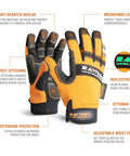4x4 Off-Road Recovery Kit gloves with kevlar, microfibre leather, logo, stitching details, and wrist Velcro adjustment.