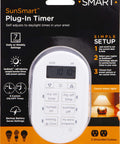 Smooth Operator Indoor Plug In Digital Timer With Two Grounded Outlets And Sunsmart Sunrise Sunset Tracking For Zero Hassle Weekly Scheduling Slick White Build, front view with display and buttons.