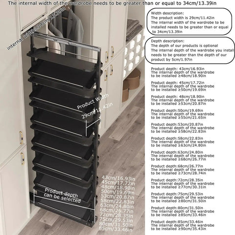 Heavy Duty Premium Adjustable Pull Out Shoe Rack, Stackable Vertical Closet Organizer showing dimensions for installation in closets.